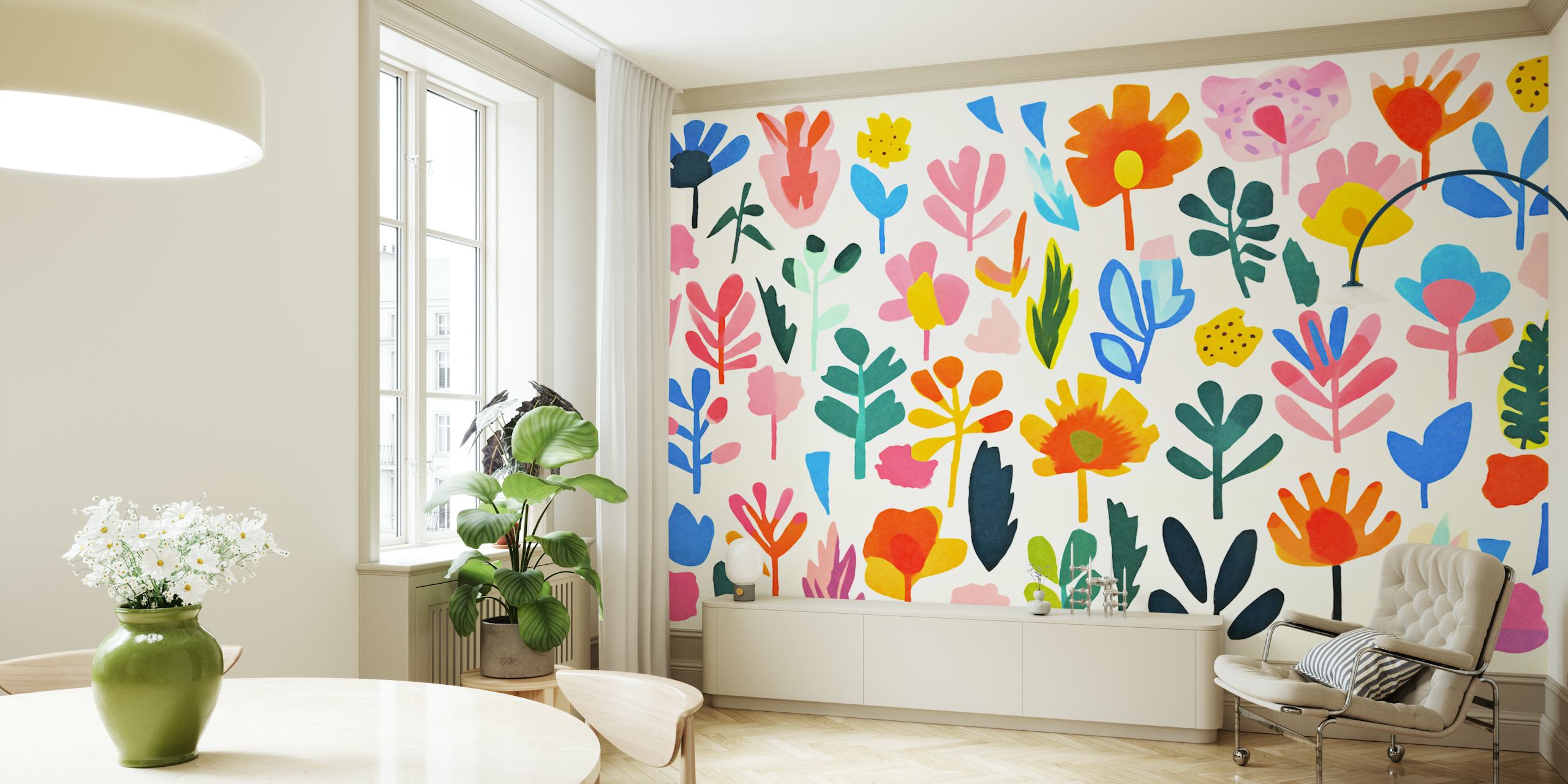 Colorful floral wallpaper in a room setting